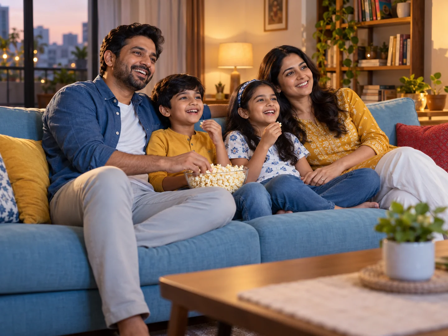 A happy family sharing a movie night