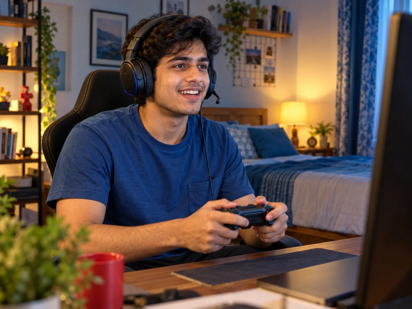 A gamer enjoying a game with a headset and controller