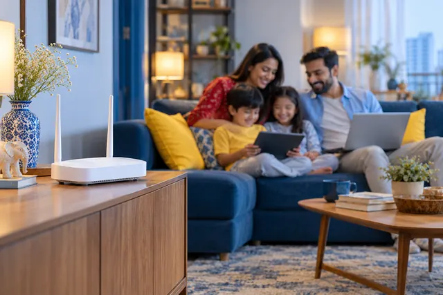 An unbranded router in a family living room