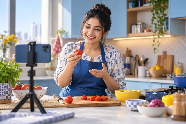 A creator filming a cooking tutorial at home