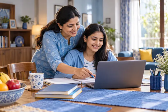 A parent helping her daughter with an online lesson