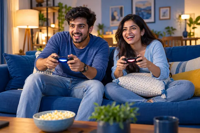 Two adult friends playing console games