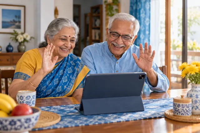 Grandparents greeting family on a tablet video call