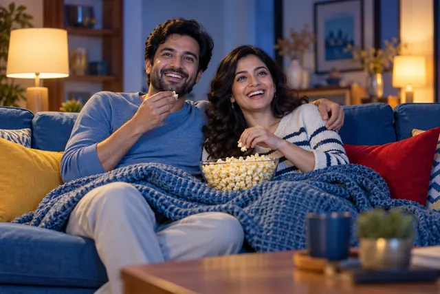 A couple enjoying a movie night at home