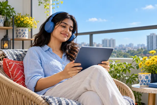 A woman listening to music on her balcony