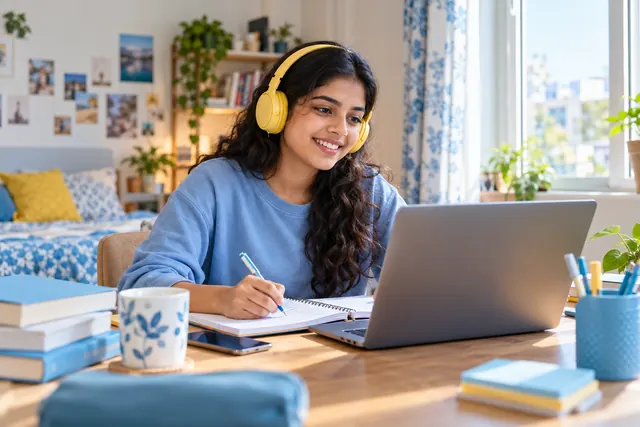 An adult student learning with a laptop and notebook