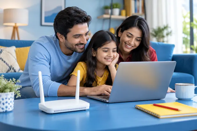 A white Wi-Fi router on a blue tabletop