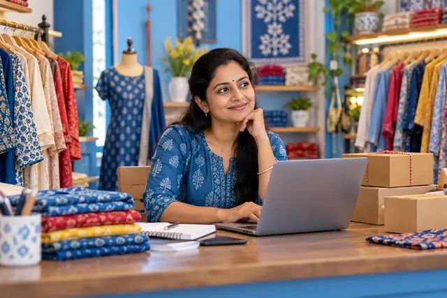 A shop owner using a laptop at her boutique counter