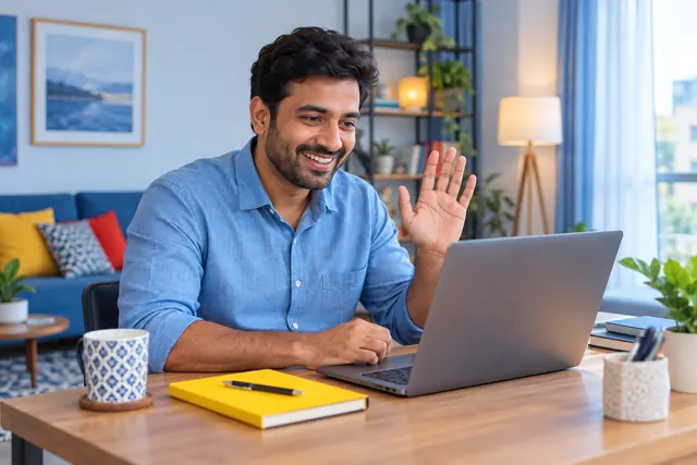A professional greeting someone on a video call