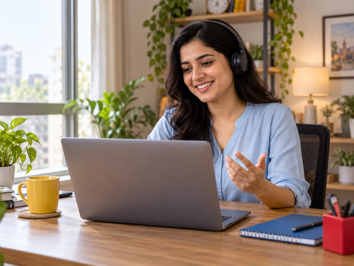 A person working comfortably from their home office